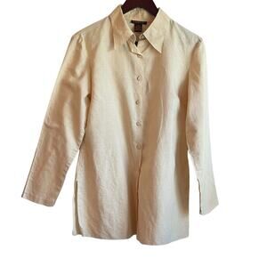 Barami Linen Cotton Women Top  L‎ Yellow Button Up Coastal  Chic Office Travel